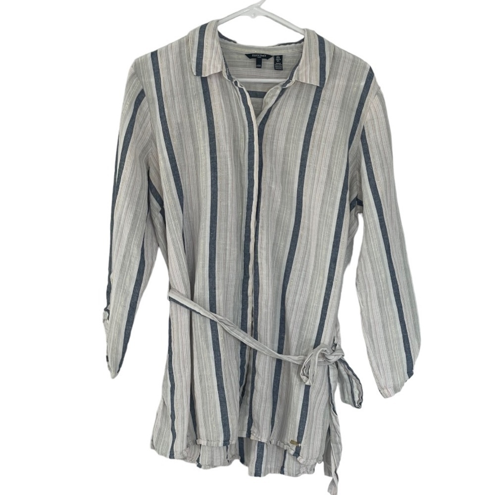 Ellen Tracy Linen Tunic Belted Metallic 3/4 Roll Tab Sleeve Shirt Size M